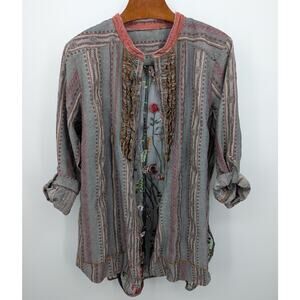 Boho Tunic Top Shirt 2XL Embroidered Mesh Back Velvet Trim Ruffle Mixed Media